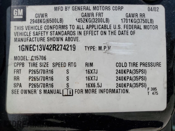 2002 Chevrolet Tahoe LS with VIN 1GNEC13V42R274219, listed as a Copart auction lot 47447855 with 339,296 mi miles and Salvage Title. Bid and sale history available at carsss.com. Image 13.