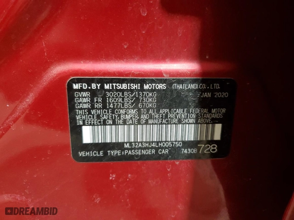 2020 Mitsubishi Mirage ES with VIN ML32A3HJ4LH005750, listed as a Copart auction lot 50010435 with 18,770 mi miles and Salvage Title. Bid and sale history available at carsss.com. Image 12.
