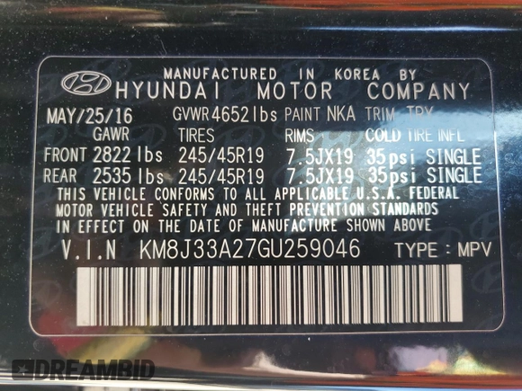 2016 Hyundai Tucson Limited with VIN KM8J33A27GU259046, listed as a Copart auction lot 53451025 with 103,420 mi miles and Clean Title. Bid and sale history available at carsss.com. Image 12.