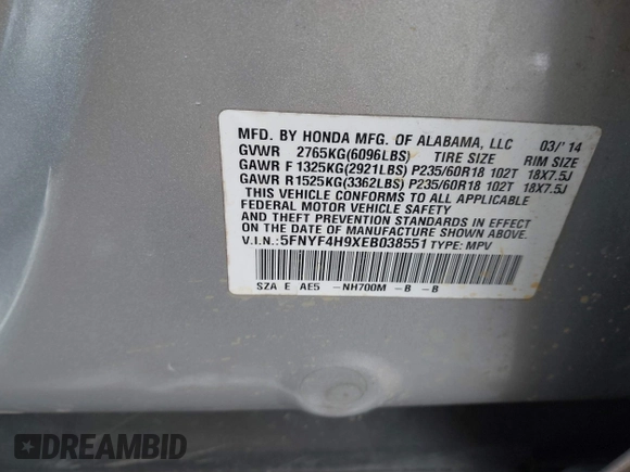 2014 Honda Pilot Touring with VIN 5FNYF4H9XEB038551, listed as a IAAI auction lot 41585720 with 150,725 mi miles and . Bid and sale history available at carsss.com. Image 9.