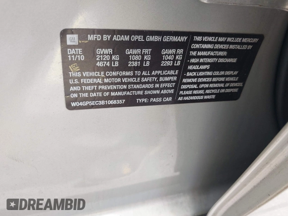 2011 Buick Regal CXL RL2 с VIN W04GP5EC3B1068357, выставлен на аукционе IAAI как лот 42481761 с пробегом 124 739 миль миль и . История ставок и продаж доступна на DreamBid. Изображение 9.