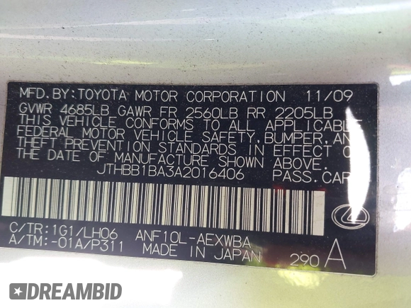 2010 Lexus HS 250h with VIN JTHBB1BA3A2016406, listed as a IAAI auction lot 41904811 with 175,120 mi miles and . Bid and sale history available at DreamBid. Image 9.