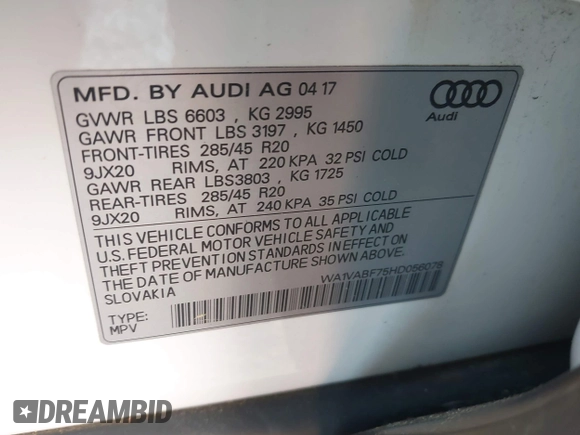2017 Audi Q7 Prestige z VIN WA1VABF75HD056078, wystawiony jako IAAI lot #42154529 z przebiegiem 119 732 mil mil oraz . Historia ofert i sprzedaży dostępna na DreamBid. Obrazek 9.