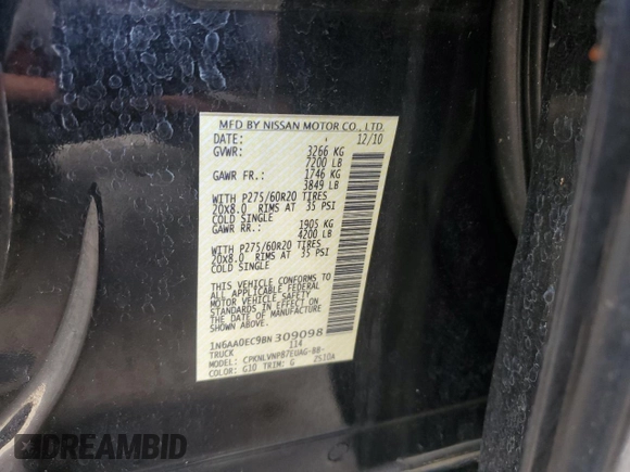 2011 Nissan Titan SL z VIN 1N6AA0EC9BN309098, wystawiony jako Copart lot #59390575 z przebiegiem 226 228 mil mil oraz Nie do naprawy • Non repairable. Historia ofert i sprzedaży dostępna na DreamBid. Obrazek 13.