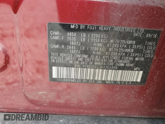 2017 Subaru Outback Limited with VIN 4S4BSEKC1H3260999, listed as a Copart auction lot 45914545 with 165,676 mi miles and Salvage title. Bid and sale history available at DreamBid. Image 14.