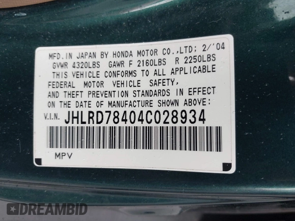 2004 Honda CR-V LX with VIN JHLRD78404C028934, listed as a IAAI auction lot 42023397 with 216,304 mi miles and . Bid and sale history available at carsss.com. Image 9.