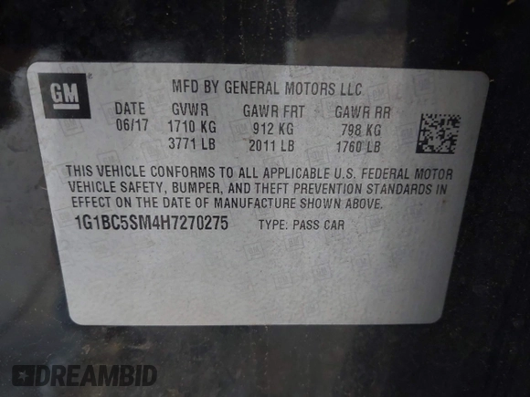 2017 Chevrolet Cruze LS z VIN 1G1BC5SM4H7270275, wystawiony jako IAAI lot #42484111 z przebiegiem 90 589 mil mil oraz . Historia ofert i sprzedaży dostępna na DreamBid. Obrazek 9.