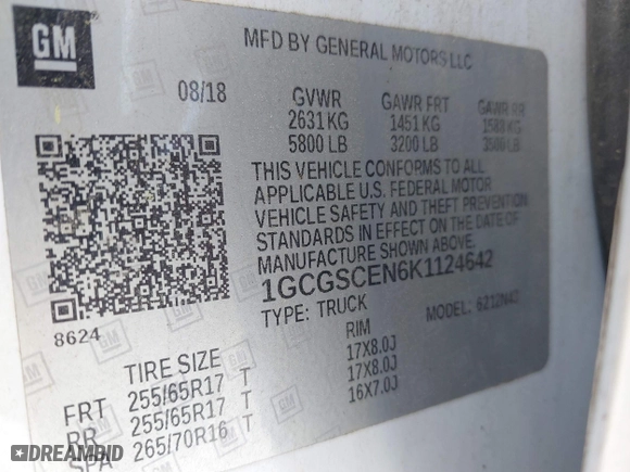 2019 Chevrolet Colorado 2WD LT with VIN 1GCGSCEN6K1124642, listed as a IAAI auction lot 42065426 with 205,608 mi miles. Bid and sale history available at carsss.com. Image 9.