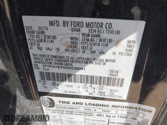 2013 Ford F-150 XL with VIN 1FTFW1EF0DKE28091, listed as a IAAI auction lot 42008722 with 256,071 mi miles. Bid and sale history available at carsss.com. Image 9.