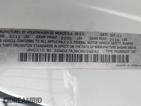 2012 Volkswagen Jetta SE с VIN 3VWDX7AJ6CM016232, выставлен на аукционе IAAI как лот 41718838 с пробегом 190 177 миль миль и . История ставок и продаж доступна на DreamBid. Изображение 9.