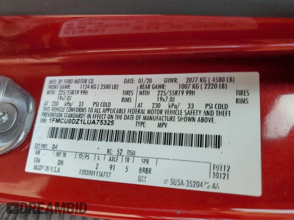 2020 Ford Escape Titanium Hybrid with VIN 1FMCU0DZ1LUA75325, listed as a Copart auction lot 53670815 with 81,220 mi miles and Salvage title. Bid and sale history available at DreamBid. Image 14.