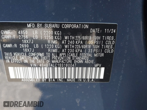 2025 Subaru Outback Onyx Edition with VIN 4S4BTALC1S3180047, listed as a IAAI auction lot 41516600 with 536 mi miles. Bid and sale history available at carsss.com. Image 9.