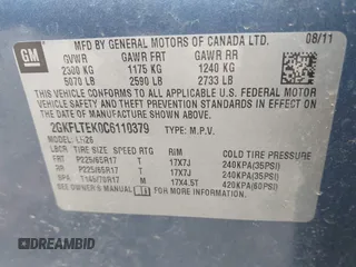 2012 GMC Terrain SLE-2 with VIN 2GKFLTEK0C6110379, listed as a IAAI auction lot 42423933 with 129,492 mi miles and . Bid and sale history available at DreamBid. Image 9.