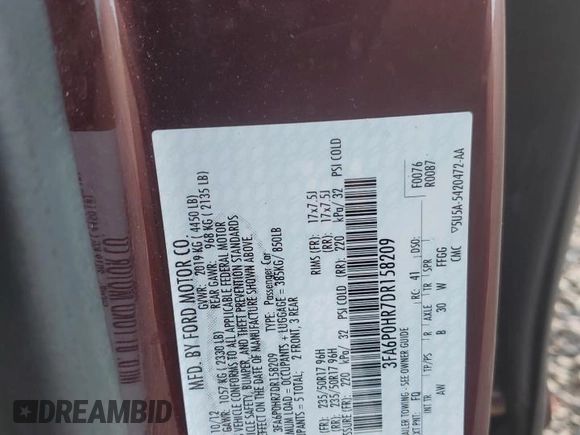 2013 Ford Fusion SE with VIN 3FA6P0HR7DR158209, listed as a Copart auction lot 56479295 with 86,344 mi miles and Salvage title. Bid and sale history available at DreamBid. Image 12.