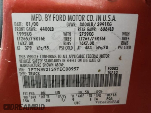2000 Ford Super Duty F-250 XL with VIN 1FTNW21S9YEC08957, listed as a Copart auction lot 75134404 with 207,060 mi miles and Non Repairable. Bid and sale history available at carsss.com. Image 12.
