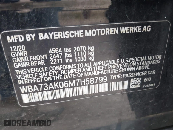 2021 BMW 2 Series 228i xDrive with VIN WBA73AK06M7H58799, listed as a IAAI auction lot 42172057 with 71,412 mi miles and . Bid and sale history available at DreamBid. Image 9.