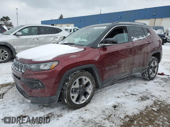 2022 Jeep Compass (RED) Edition with VIN 3C4NJDCB9NT129923, listed as a Copart auction lot 41813445 with 8,340 mi miles and Salvage title. Bid and sale history available at DreamBid. Image 1.