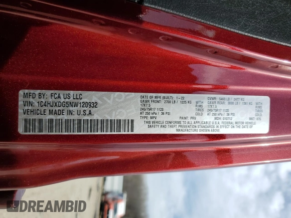 2022 Jeep Wrangler Unlimited Sport S with VIN 1C4HJXDG5NW120932, listed as a Copart auction lot 49704795 with 60,514 mi miles and Salvage Title. Bid and sale history available at DreamBid. Image 16.