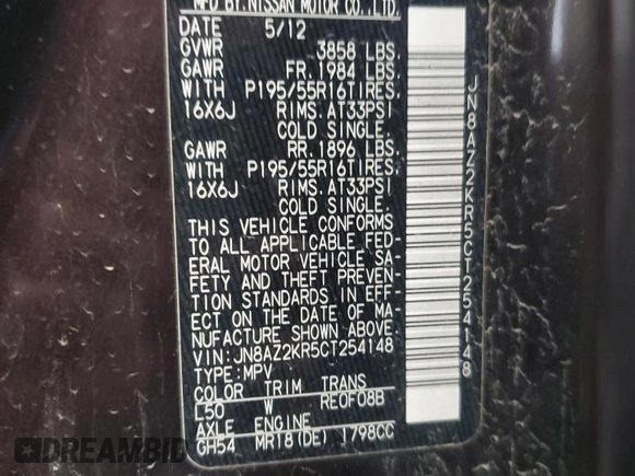 2012 Nissan Cube S with VIN JN8AZ2KR5CT254148, listed as a Copart auction lot 51456525 with 72,215 mi miles and Salvage Title. Bid and sale history available at DreamBid. Image 12.