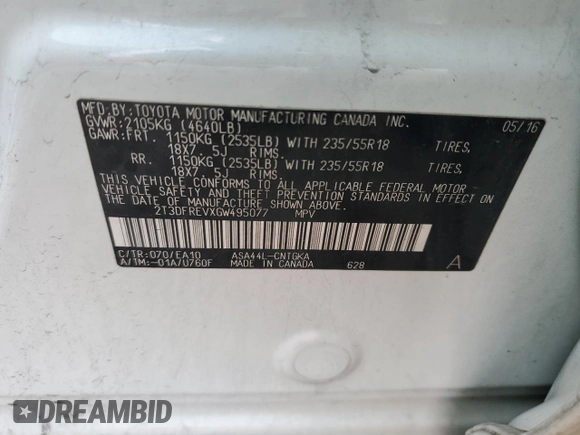 2016 Toyota RAV4 Limited with VIN 2T3DFREVXGW495077, listed as a Copart auction lot 55533505 with 122,483 mi miles and Salvage title. Bid and sale history available at DreamBid. Image 13.