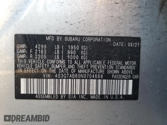 2022 Subaru Impreza z VIN 4S3GTAB60N3704668, wystawiony jako Copart lot #49028395 z przebiegiem 64 363 mil mil oraz Szkoda całkowita • Salvage title. Historia ofert i sprzedaży dostępna na DreamBid. Obrazek 12.