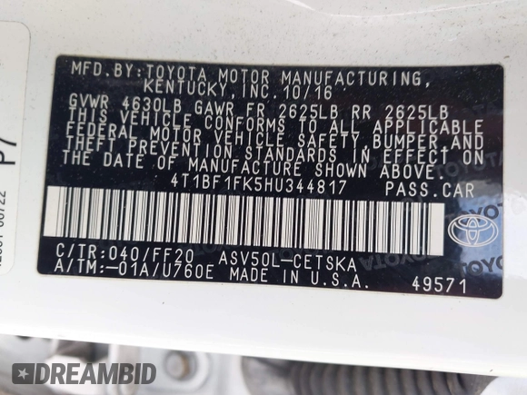 2017 Toyota Camry XLE with VIN 4T1BF1FK5HU344817, listed as a IAAI auction lot 42011843 with 196,326 mi miles. Bid and sale history available at carsss.com. Image 9.