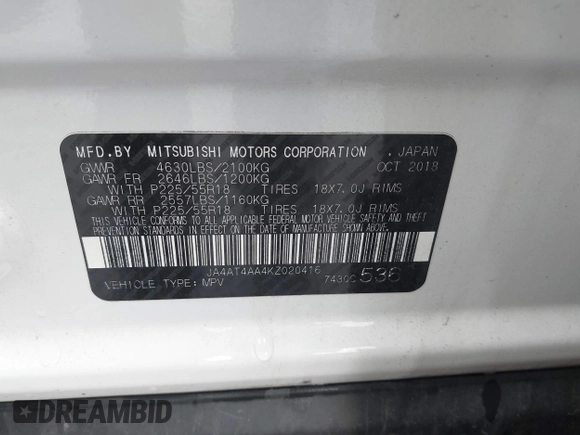 2019 Mitsubishi Eclipse Cross LE z VIN JA4AT4AA4KZ020416, wystawiony jako IAAI lot #42320941 z przebiegiem 123 560 mil mil oraz . Historia ofert i sprzedaży dostępna na DreamBid. Obrazek 9.