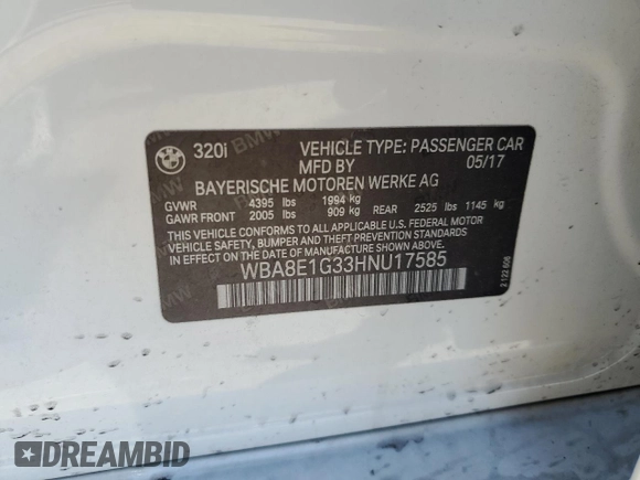 2017 BMW 3 Series 320i with VIN WBA8E1G33HNU17585, listed as a Copart auction lot 47056935 with 87,050 mi miles and Salvage Title. Bid and sale history available at carsss.com. Image 13.