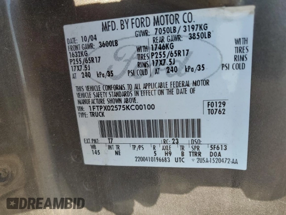 2005 Ford F-150 XLT with VIN 1FTPX02575KC00100, listed as a Copart auction lot 75276604 with 126,922 mi miles and Salvage Title. Bid and sale history available at carsss.com. Image 14.