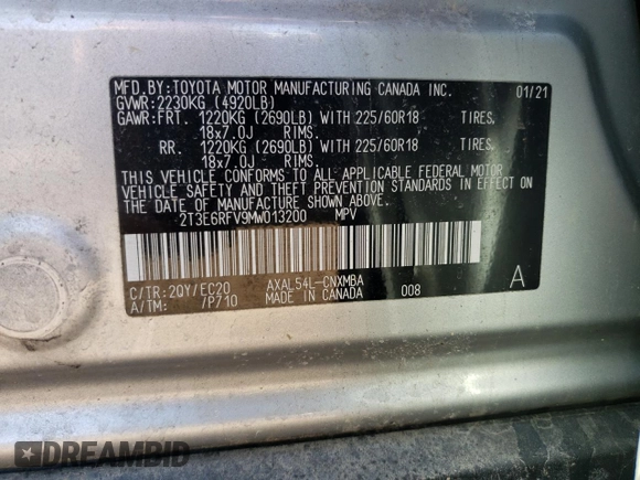 2021 Toyota RAV4 Hybrid XSE with VIN 2T3E6RFV9MW013200, listed as a Copart auction lot 52163255 with 58,336 mi miles and Salvage title. Bid and sale history available at DreamBid. Image 12.