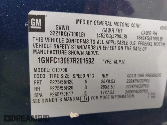 2007 Chevrolet Tahoe LT z VIN 1GNFC13067R201692, wystawiony jako IAAI lot #42084896 z przebiegiem 260 159 mil mil oraz . Historia ofert i sprzedaży dostępna na DreamBid. Obrazek 9.