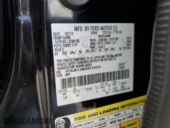 2013 Ford Expedition EL XLT with VIN 1FMJK1J56DEF33070, listed as a Copart auction lot 65568314 with 82,449 mi miles and Salvage Title. Bid and sale history available at carsss.com. Image 13.