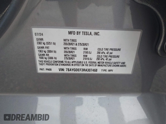 2024 Tesla Model Y Performance with VIN 7SAYGDEF3RA307468, listed as a IAAI auction lot 41805853 with 10,377 mi miles and . Bid and sale history available at DreamBid. Image 9.