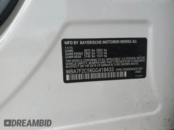 2016 BMW 7 Series 750i xDrive with VIN WBA7F2C56GG418433, listed as a Copart auction lot 56247895 with Not Provided miles and Clean Title. Bid and sale history available at DreamBid. Image 12.