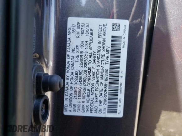 2017 Honda CR-V EX-L with VIN 2HKRW2H88HH672690, listed as a Copart auction lot 53306295 with 62,073 mi miles and Salvage Title. Bid and sale history available at carsss.com. Image 15.