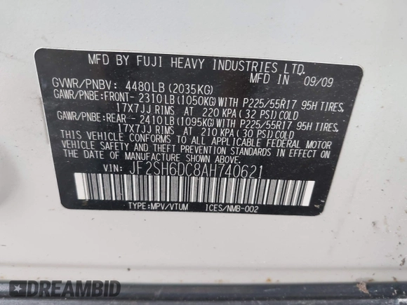 2010 Subaru Forester X Limited with VIN JF2SH6DC8AH740621, listed as a IAAI auction lot 42549076 with 104,632 mi miles and . Bid and sale history available at DreamBid. Image 9.