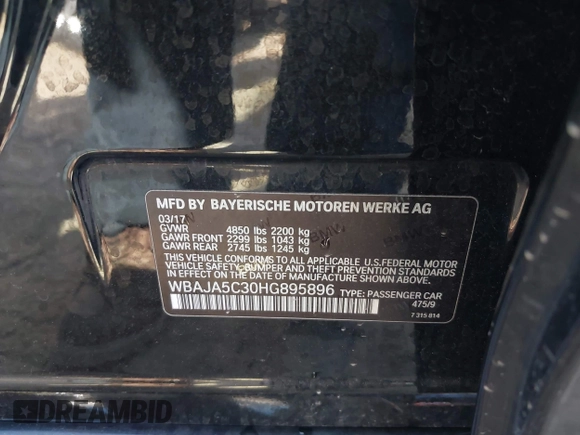 2017 BMW 5 Series 530i с VIN WBAJA5C30HG895896, выставлен на аукционе IAAI как лот 42387099 с пробегом Не указан миль и . История ставок и продаж доступна на DreamBid. Изображение 9.