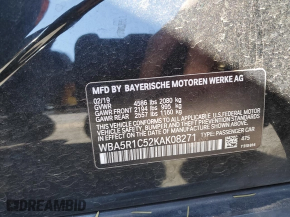 2019 BMW 3 Series 330i с VIN WBA5R1C52KAK08271, выставлен на аукционе Copart как лот 55690545 с пробегом Не указан миль и Списание • Salvage title. История ставок и продаж доступна на DreamBid. Изображение 12.