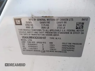 2012 GMC Terrain SLE-1 with VIN 2GKALMEK3C6336187, listed as a IAAI auction lot 41893749 with 196,652 mi miles and . Bid and sale history available at carsss.com. Image 9.