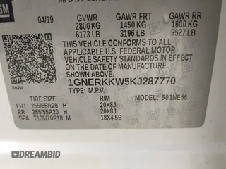 2019 Chevrolet Traverse Premier with VIN 1GNERKKW5KJ287770, listed as a IAAI auction lot 42164590 with 71,770 mi miles. Bid and sale history available at carsss.com. Image 9.