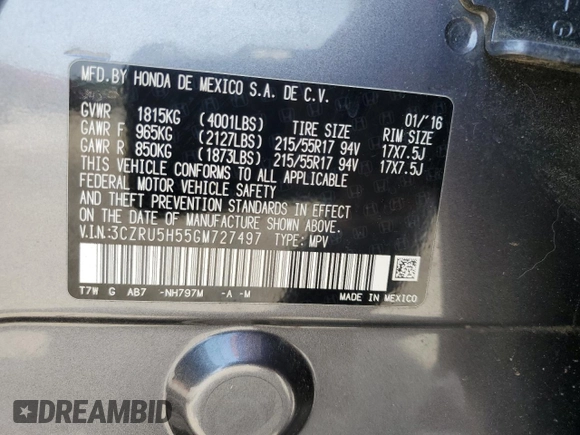 2016 Honda HR-V EX with VIN 3CZRU5H55GM727497, listed as a Copart auction lot 57289805 with 151,740 mi miles and Clean Title. Bid and sale history available at DreamBid. Image 12.