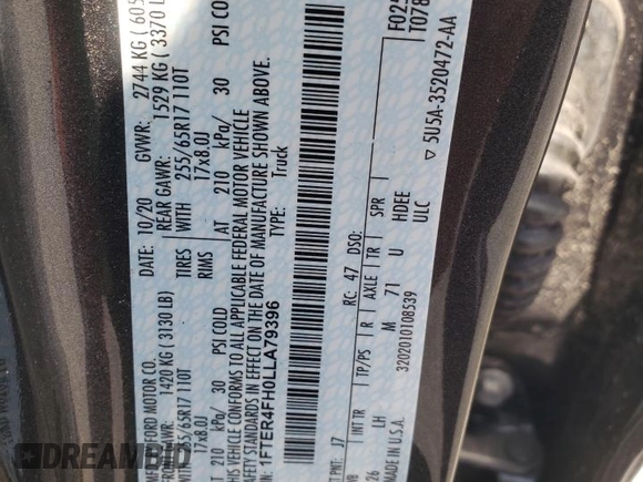 2020 Ford Ranger XL with VIN 1FTER4FH0LLA79396, listed as a Copart auction lot 62365225 with Not provided miles and Salvage title. Bid and sale history available at DreamBid. Image 12.