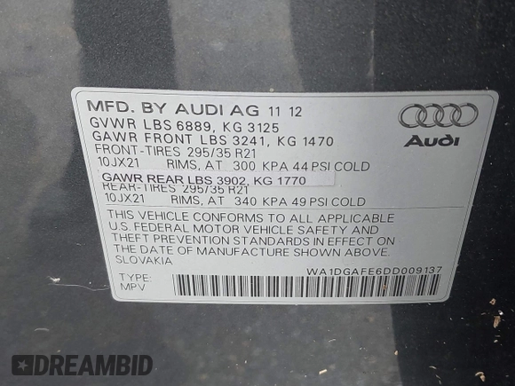 2013 Audi Q7 3.0T S line Prestige with VIN WA1DGAFE6DD009137, listed as a IAAI auction lot 40692368 with 99,060 mi miles. Bid and sale history available at carsss.com. Image 9.