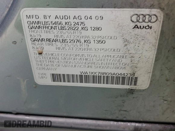 2009 Audi Q5 Premium Plus z VIN WA1KK78R09A044239, wystawiony jako Copart lot #48529435 z przebiegiem 156 941 mil mil oraz Szkoda całkowita • Salvage title. Historia ofert i sprzedaży dostępna na DreamBid. Obrazek 12.