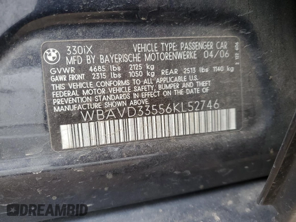 2006 BMW 3 Series 330xi with VIN WBAVD33556KL52746, listed as a Copart auction lot 83674684 with 0 mi miles and Salvage Title. Bid and sale history available at carsss.com. Image 14.