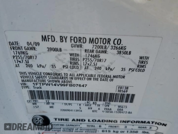2009 Ford F-150 XL z VIN 1FTPW14V99FB07647, wystawiony jako Copart lot #59698155 z przebiegiem 222 226 mil mil oraz Czysty tytuł • Clean title. Historia ofert i sprzedaży dostępna na DreamBid. Obrazek 12.
