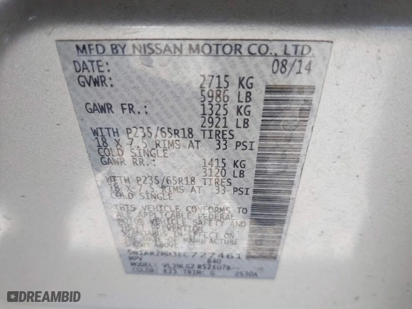 2014 Nissan Pathfinder S with VIN 5N1AR2MM3EC727461, listed as a IAAI auction lot 42038757 with 125,341 mi miles. Bid and sale history available at carsss.com. Image 9.