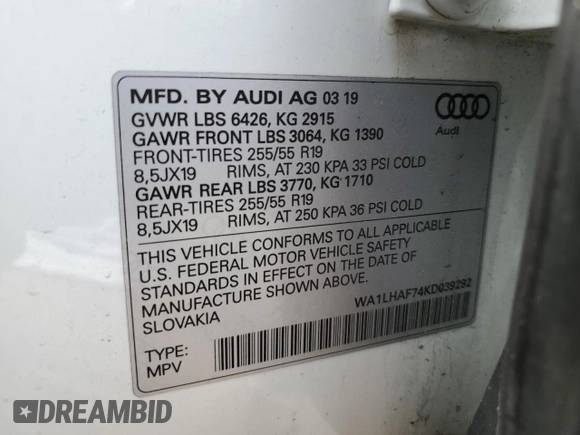 2019 Audi Q7 Premium Plus with VIN WA1LHAF74KD039292, listed as a Copart auction lot 58166745 with 114,958 mi miles and Salvage title. Bid and sale history available at DreamBid. Image 13.
