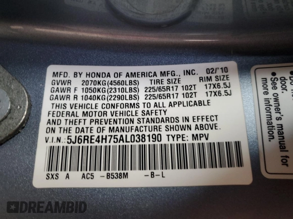 2010 Honda CR-V EX-L z VIN 5J6RE4H75AL038190, wystawiony jako Copart lot #58813855 z przebiegiem 176 851 mil mil oraz Szkoda całkowita • Salvage title. Historia ofert i sprzedaży dostępna na DreamBid. Obrazek 13.