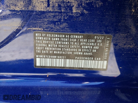 2022 Volkswagen Golf z VIN WVWEB7CD4NW168221, wystawiony jako Copart lot #75591344 z przebiegiem 51 879 mil mil oraz Szkoda całkowita • Salvage title. Historia ofert i sprzedaży dostępna na DreamBid. Obrazek 13.